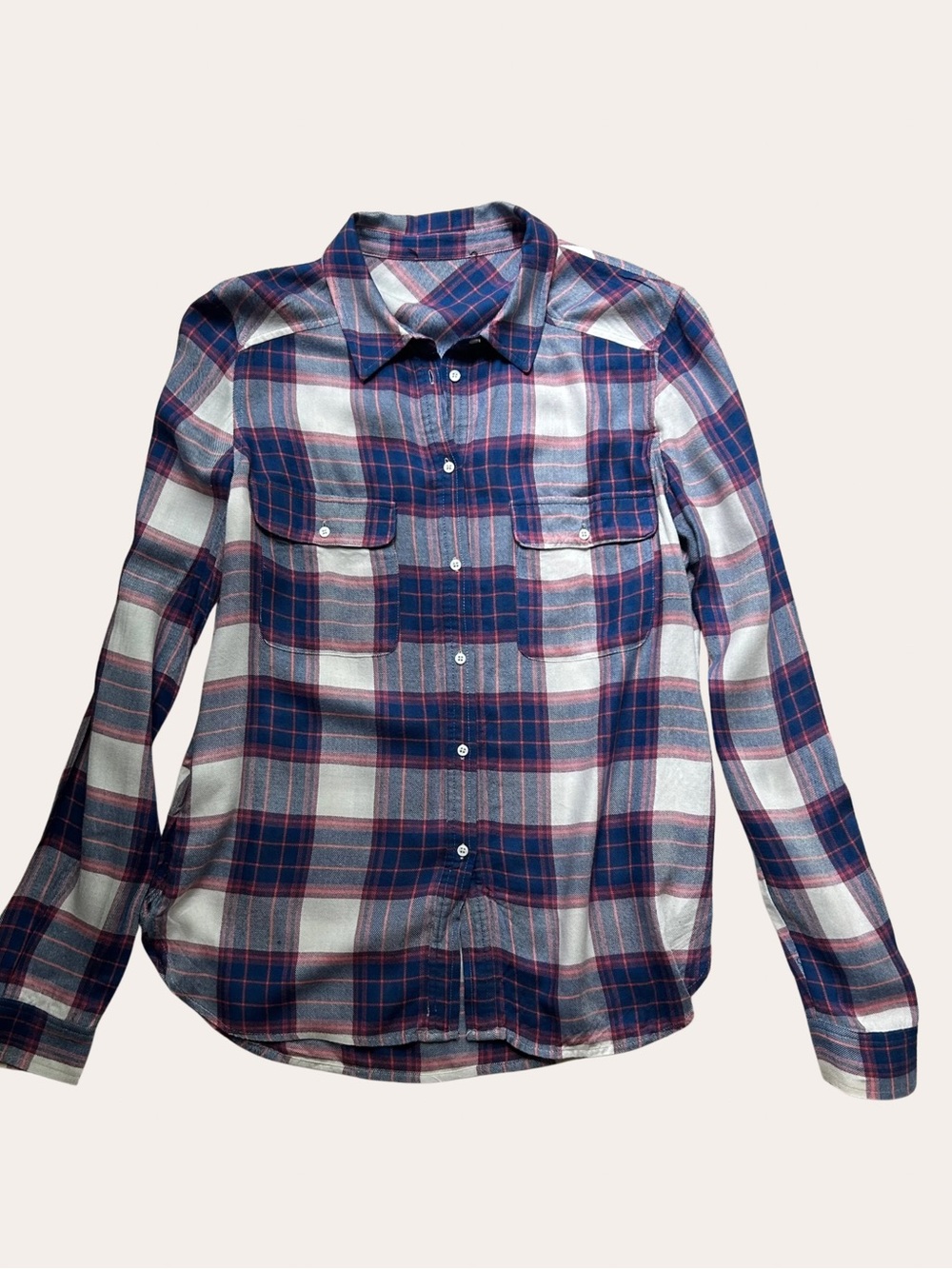 PAIGE Women’s Plaid Button-Up Shirt - Size Small Blue, White Rayon Long Sleeve